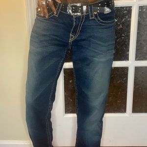 True Religion Vintage Dark Wash Denim Skinny Jeans w/ Gold Detailing